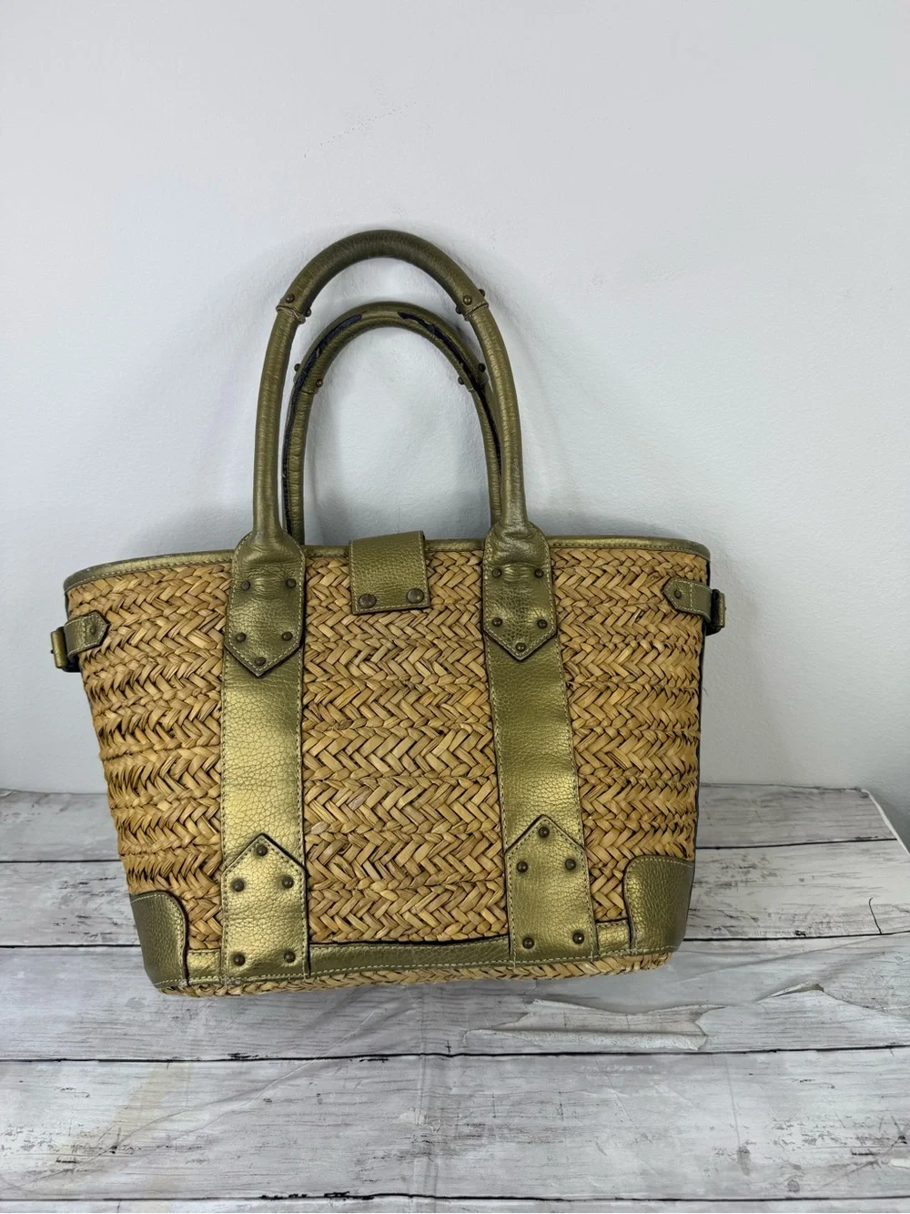 J. Crew Straw Tote with Metallic Gold Trim and Navy Interior